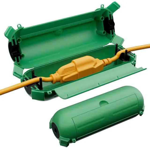 Main image of 2 Pack Mini IP44 Waterproof Outdoor Connection Box with Lockable Latches and Mounting Holes, Weatherproof Extension Cord Safety Cover for Outdoor Plugs, Lights, Cables, Wires, Size Small, Green