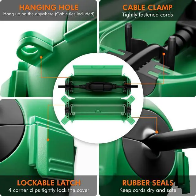 Alt view image 2 of 7 - 2 Pack Mini IP44 Waterproof Outdoor Connection Box with Lockable Latches and Mounting Holes, Weatherproof Extension Cord Safety Cover for Outdoor Plugs, Lights, Cables, Wires, Size Small, Green