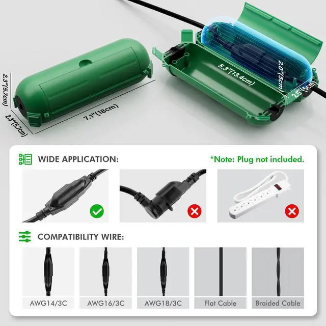 Alt view image 3 of 7 - 2 Pack Mini IP44 Waterproof Outdoor Connection Box with Lockable Latches and Mounting Holes, Weatherproof Extension Cord Safety Cover for Outdoor Plugs, Lights, Cables, Wires, Size Small, Green