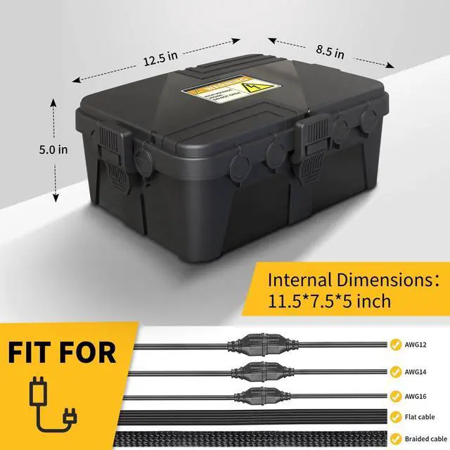 Alt view image 3 of 7 - Large Outdoor Electrical Box Waterproof (12.5 x 8.5 x 5 Inch), IP54 Weatherproof Extension Cord Cover with 8 Cable Entry, Plug Protector Boxes for Outlet Plug Power Strip Holiday Light Outside, Black
