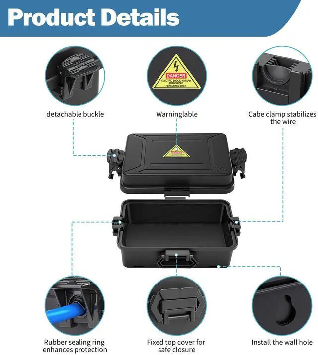 Alt view image 3 of 7 - Mini Outdoor Electrical Box, IP54 Waterproof Extension Cord Cover (Inside 6.2 x 3.9 x 2.7 inches) Weatherproof Connection Box for Plug,Connector, Power Cord, Festive Light(2 PCS Black)