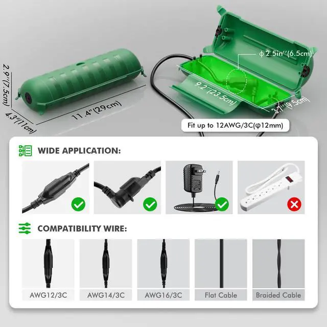 Alt view image 2 of 7 - Extension Cord Safety Cover, IP44 Waterproof Connection Box, Weatherproof Electrical Enclosure Seal to Protect Outdoor Outlet, Plug, Holiday Decoration Light, Fountain, Power Tool, Green