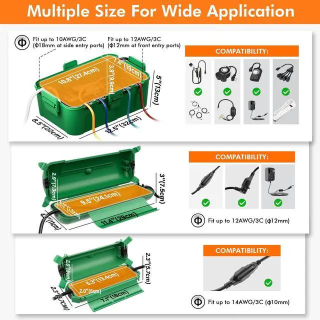 Alt view image 7 of 7 - Extension Cord Safety Cover, IP44 Waterproof Connection Box, Weatherproof Electrical Enclosure Seal to Protect Outdoor Outlet, Plug, Holiday Decoration Light, Fountain, Power Tool, Green