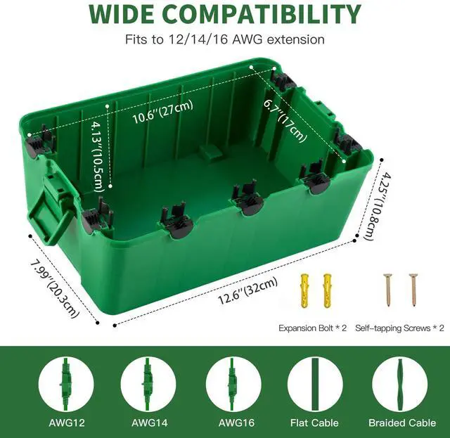 Alt view image 2 of 7 - Large Outdoor Waterproof Electrical Box(12.9X 8.3 x 5.2 inch), IP54 Weatherproof Extension Cord Cover with 7 Cable Seal Entry, Protect Power Strip, Timer Outlet Plug, Holiday Light Decoration, Green