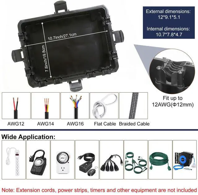 Alt view image 5 of 7 - Large Outdoor Electrical Box Waterproof, IP54 Extension Cord Cover Weatherproof Outdoor Outlet Covers, Protect Power Strip, Timer Outlet, Plug, Socket, Holiday Light, Black (12 x 9X 5 inch)