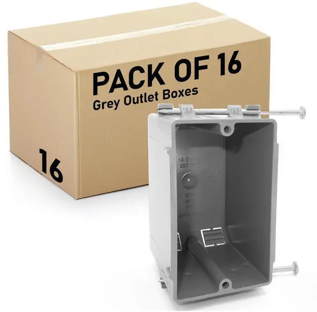 Main image of (Pack of 16) Plastic Electrical Box, Grey Outlet Box, Single Gang New Work Junction Box, Captive Nails, 20 cu. Inches, Length 3-5/8'', Width 2-1/8'', Depth 3-1/4''