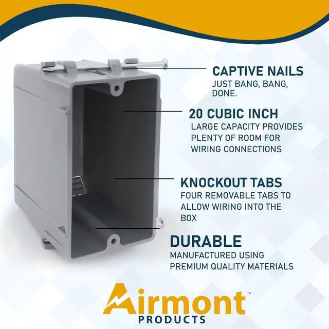 Alt view image 5 of 7 - (Pack of 16) Plastic Electrical Box, Grey Outlet Box, Single Gang New Work Junction Box, Captive Nails, 20 cu. Inches, Length 3-5/8'', Width 2-1/8'', Depth 3-1/4''