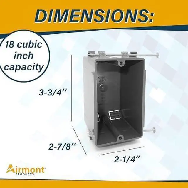 Alt view image 2 of 7 - (16 Pack) Plastic Electrical Box, Grey Outlet Box, Single Gang New Work Junction Box, Captive Nails, 18 cu. Inches, Length 3.75'', Width 2.25'', Depth 2.875'', 2 Hour Fire Rated Electrical Outlet Box