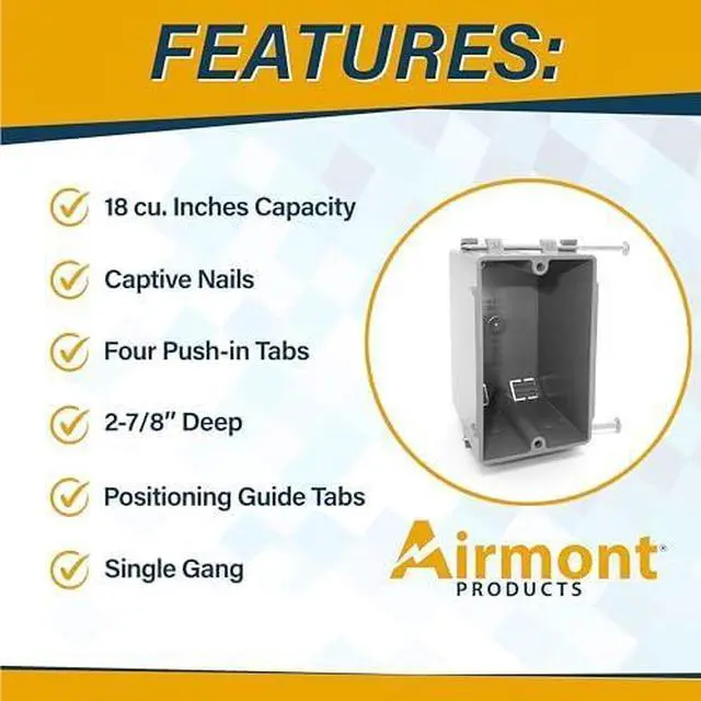 Alt view image 3 of 7 - (16 Pack) Plastic Electrical Box, Grey Outlet Box, Single Gang New Work Junction Box, Captive Nails, 18 cu. Inches, Length 3.75'', Width 2.25'', Depth 2.875'', 2 Hour Fire Rated Electrical Outlet Box