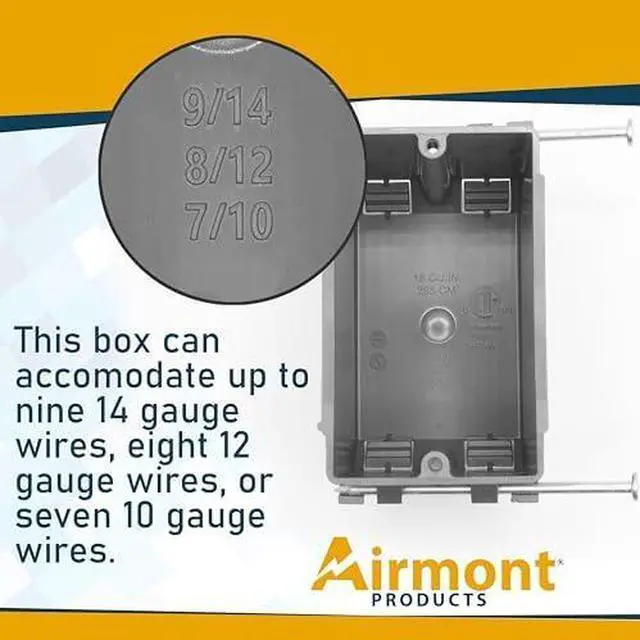 Alt view image 4 of 7 - (16 Pack) Plastic Electrical Box, Grey Outlet Box, Single Gang New Work Junction Box, Captive Nails, 18 cu. Inches, Length 3.75'', Width 2.25'', Depth 2.875'', 2 Hour Fire Rated Electrical Outlet Box
