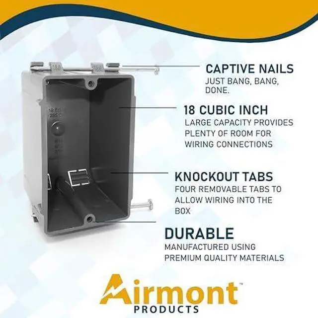 Alt view image 5 of 7 - (16 Pack) Plastic Electrical Box, Grey Outlet Box, Single Gang New Work Junction Box, Captive Nails, 18 cu. Inches, Length 3.75'', Width 2.25'', Depth 2.875'', 2 Hour Fire Rated Electrical Outlet Box