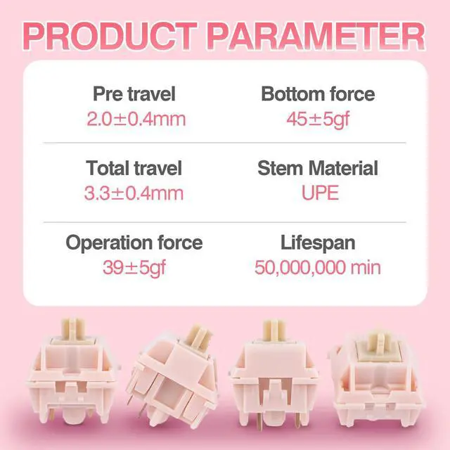 Alt view image 3 of 7 - Nude Rosa 39gf Silent Gaming Keyboard Switches, 21mm Spring, 5-Pin Pre-Lubed Switch, 35 PCS, with PC Case, UPE Stem, Compatible with MX Keycaps for Mechanical Keyboard (Nude Rosa)