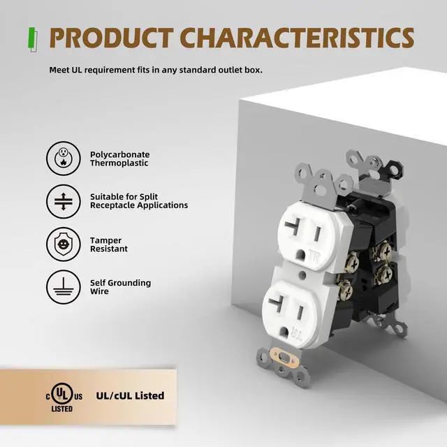 Alt view image 2 of 7 - Duplex Wall Receptacle Outlets, 20A Tamper-Resistant Electrical Receptacle, 2 Pole 3 Wire, Self-Grounding, Residential Grade Wall Power Socket, White, UL Listed, 10 Pack