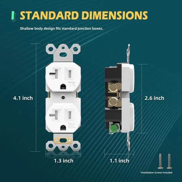 Alt view image 7 of 7 - Duplex Wall Receptacle Outlets, 20A Tamper-Resistant Electrical Receptacle, 2 Pole 3 Wire, Self-Grounding, Residential Grade Wall Power Socket, White, UL Listed, 10 Pack