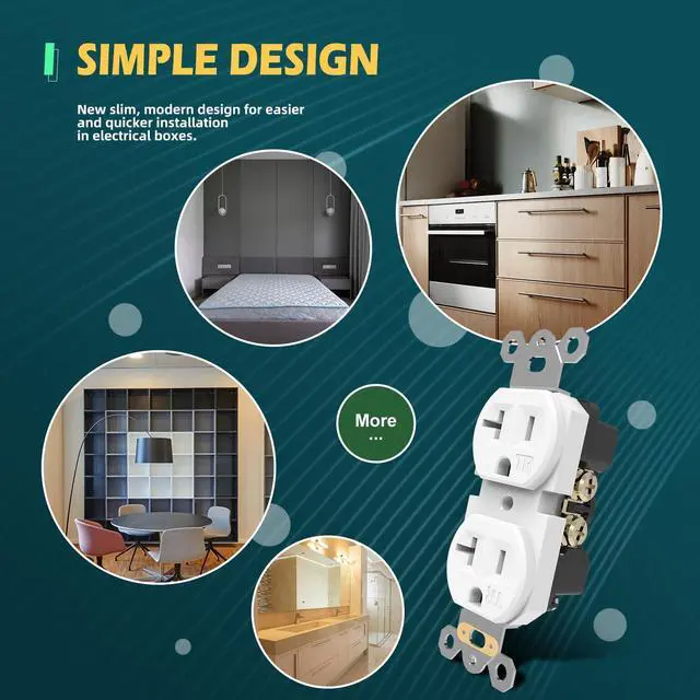 Alt view image 5 of 7 - Duplex Wall Receptacle Outlets, 20A Tamper-Resistant Electrical Receptacle, 2 Pole 3 Wire, Self-Grounding, Residential Grade Wall Power Socket, White, UL Listed, 10 Pack