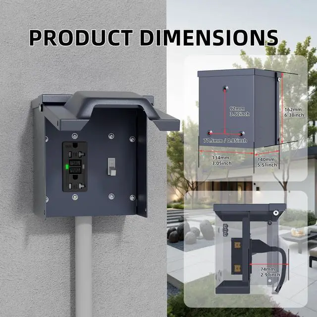 Alt view image 2 of 6 - Outdoor Electrical Outlet Box with 20 Amp WRTR GFCI Receptacle and Switch ETL Listed Weatherproof GFCI Outlet Box with 3R Enclosure Rainproof Cover