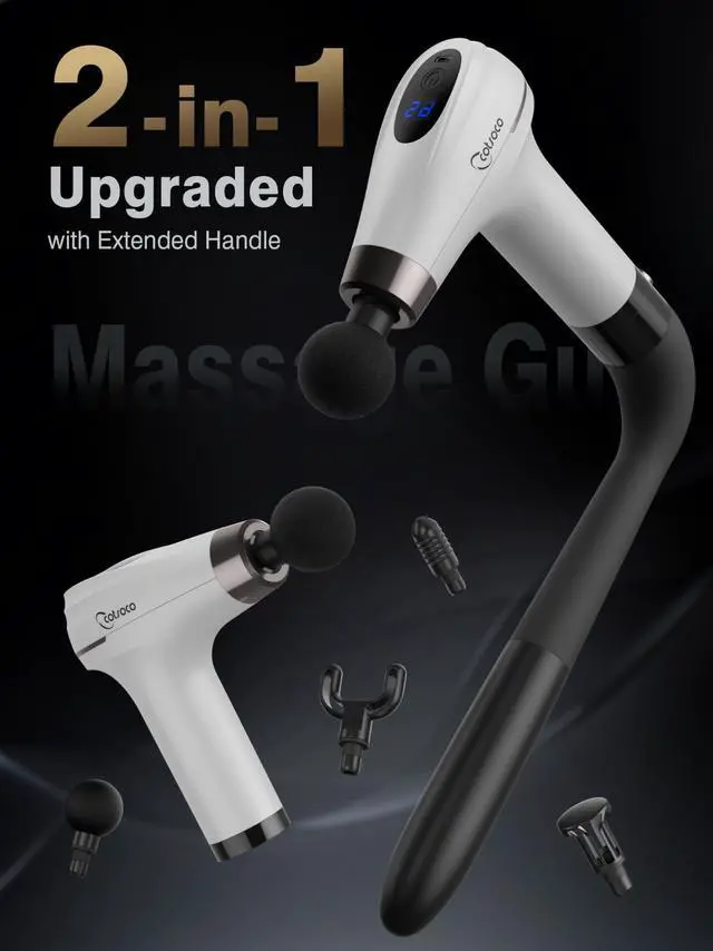 Alt view image 2 of 7 - Massage Gun with Upgraded Extension Handle, Percussion Deep Tissue Back Massager with 4 Massage Heads & 6 Speed Levels, Muscles/Neck/Shoulders/Waist/Legs Massager for Pain Relief, Gifts