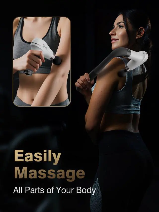 Alt view image 3 of 7 - Massage Gun with Upgraded Extension Handle, Percussion Deep Tissue Back Massager with 4 Massage Heads & 6 Speed Levels, Muscles/Neck/Shoulders/Waist/Legs Massager for Pain Relief, Gifts