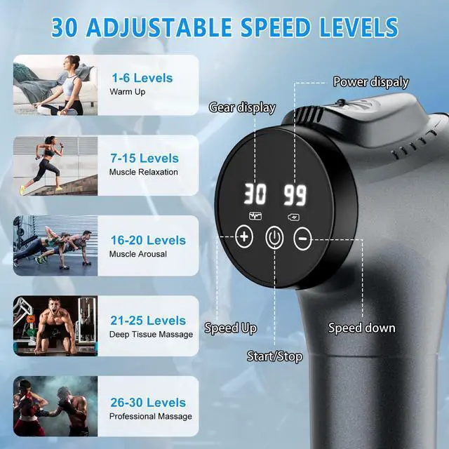 Alt view image 2 of 7 - Massage Gun, Muscle Massage Gun for Athletes Handheld Electric Deep Tissue Back Massager, Percussion Massage Device for Pain Relief with 30 Speed Levels 9 Heads pcs