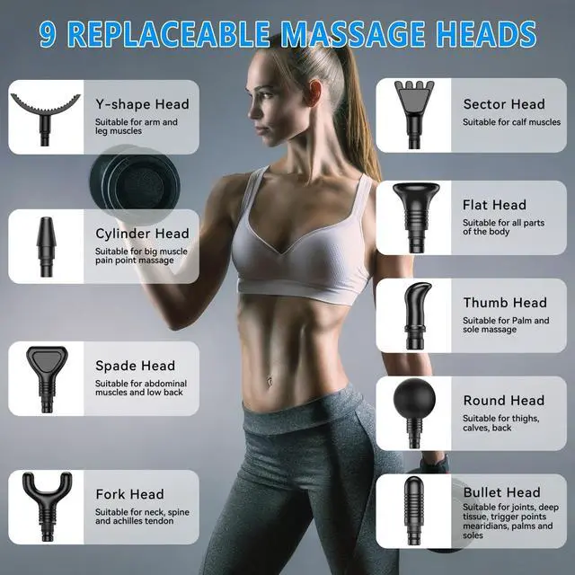 Alt view image 5 of 7 - Massage Gun, Muscle Massage Gun for Athletes Handheld Electric Deep Tissue Back Massager, Percussion Massage Device for Pain Relief with 30 Speed Levels 9 Heads pcs