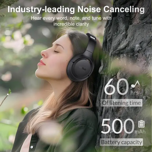 Alt view image 7 of 7 - QC60 Hybrid Active Noise Cancenlling Headphones,Wireless Over Ear Bluetooth Headsets with Microphone, 60H Playtime Foldable Lightweight, Deep Bass, Memory Earmuffs, for Travel Home Office
