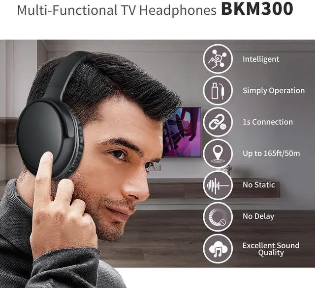 Alt view image 2 of 7 - BKM300 Wireless TV Headphones with Bluetooth USB Transmitter, Simple Operation, 165ft (50m) Wireless Range, No Static & No Delay