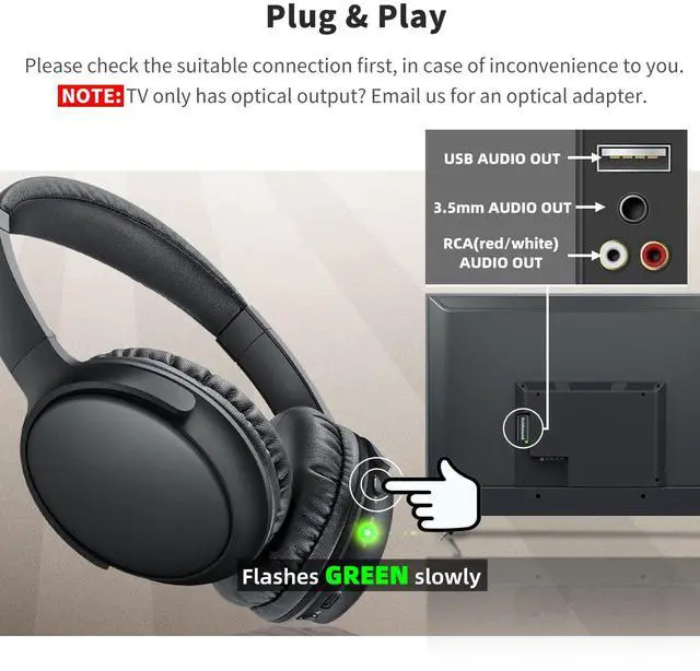 Alt view image 3 of 7 - BKM300 Wireless TV Headphones with Bluetooth USB Transmitter, Simple Operation, 165ft (50m) Wireless Range, No Static & No Delay