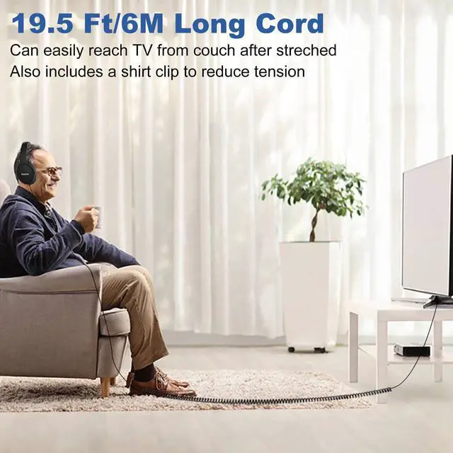 Alt view image 2 of 7 - 19.5Ft / 6M Extra Long Cord Headphones for TV PC with Volume Control, Spring Coiled Cable, 3.5mm AUX, Wired Over Ear Earphones for Seniors Hard of Hearing, Large Comfortable Computer Headset