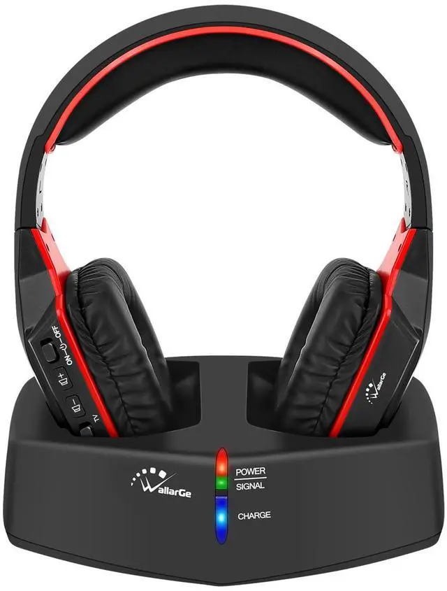 Main image of Wireless Headphones for TV Watching with RF Transmitter Charging Dock, Plug and Play, 100 Ft Wireless Range, Rechargeable 20 Hour Battery (Black with Red)