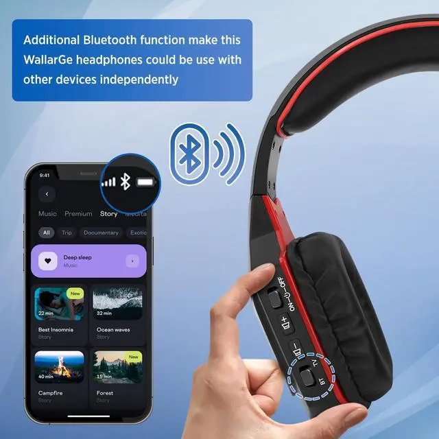 Alt view image 3 of 7 - Wireless Headphones for TV Watching with RF Transmitter Charging Dock, Plug and Play, 100 Ft Wireless Range, Rechargeable 20 Hour Battery (Black with Red)