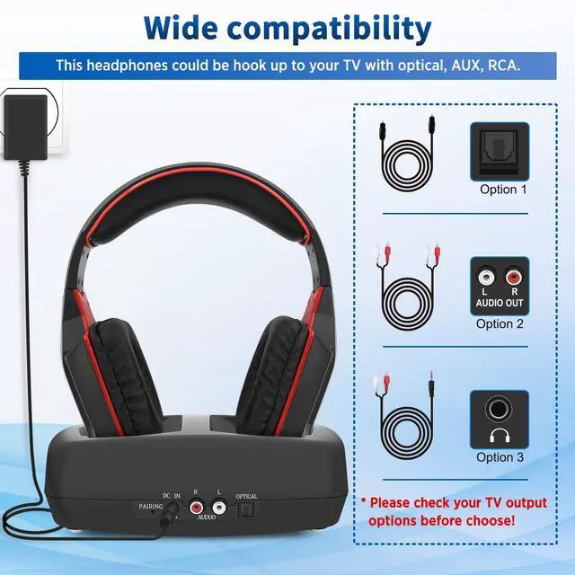 Alt view image 6 of 7 - Wireless Headphones for TV Watching with RF Transmitter Charging Dock, Plug and Play, 100 Ft Wireless Range, Rechargeable 20 Hour Battery (Black with Red)