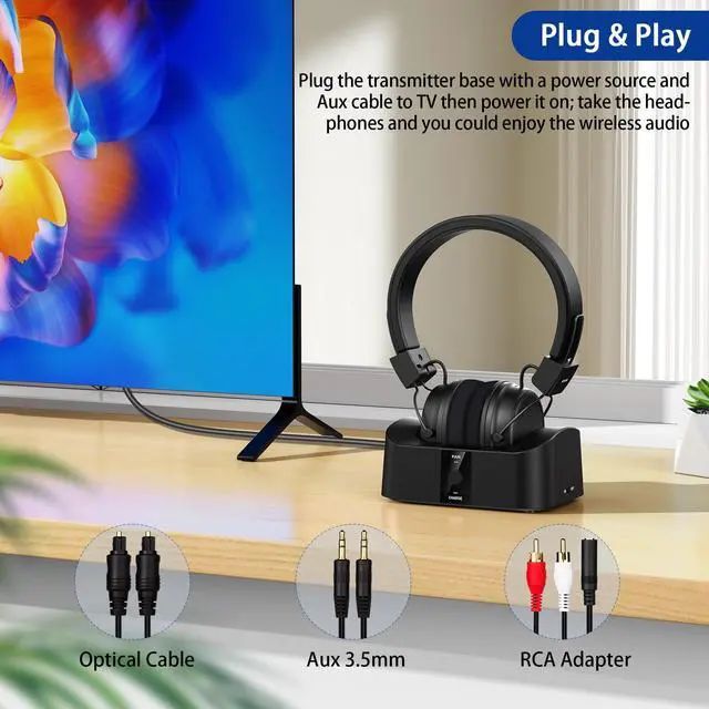 Alt view image 2 of 7 - BTH02 Wireless Headphones for TV Watching with Bluetooth Transmitter Charging Dock, TV Headphones Wireless for Seniors, Bluetooth Headsets, 100ft Range No Audio Delay