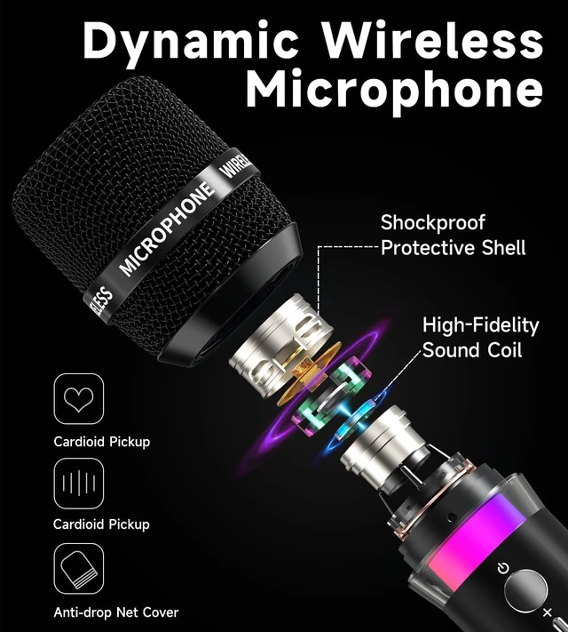 Alt view image 2 of 7 - Wireless Microphone, Rechargeable Wireless Microphones with One-to-One Chip Connection and LED Lights, 40H Duration, 200FT Range Receiving, Less Latency Karaoke Microphone for Singing, Speech, Party