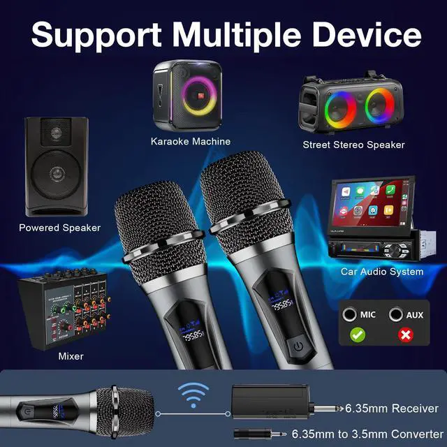 Alt view image 4 of 7 - Wireless Microphone,Professional Dual Handheld Cordless Dynamic Mic System with Rechargeable Receiver,Karaoke Microphone Set for Singing, Karaoke, Wedding, DJ, Party, Speech,Church,Class Use,PA System