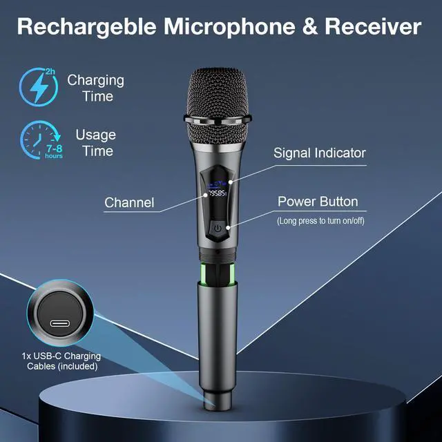 Alt view image 7 of 7 - Wireless Microphone,Professional Dual Handheld Cordless Dynamic Mic System with Rechargeable Receiver,Karaoke Microphone Set for Singing, Karaoke, Wedding, DJ, Party, Speech,Church,Class Use,PA System