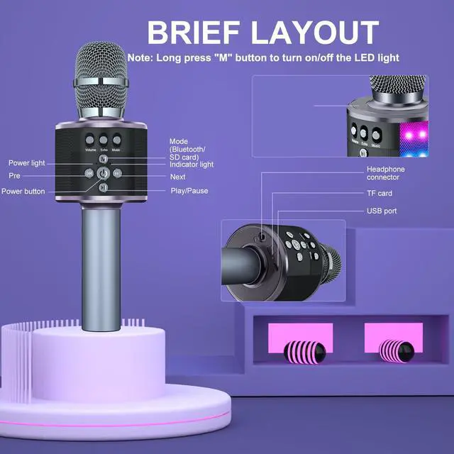 Alt view image 3 of 7 - Karaoke Microphone for Kids & Adults - Bluetooth Microphones Singing Mic with Disco Lights, Echo Effect, Built-in Speaker Portable Karaoke Player for Party Travel Gifts Q78(Space Gary)