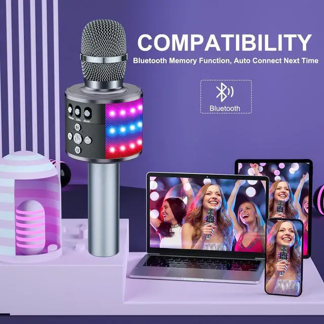 Alt view image 6 of 7 - Karaoke Microphone for Kids & Adults - Bluetooth Microphones Singing Mic with Disco Lights, Echo Effect, Built-in Speaker Portable Karaoke Player for Party Travel Gifts Q78(Space Gary)