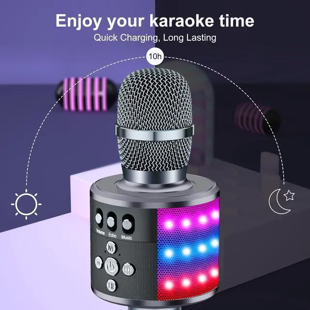 Alt view image 4 of 7 - Karaoke Microphone for Kids & Adults - Bluetooth Microphones Singing Mic with Disco Lights, Echo Effect, Built-in Speaker Portable Karaoke Player for Party Travel Gifts Q78(Space Gary)