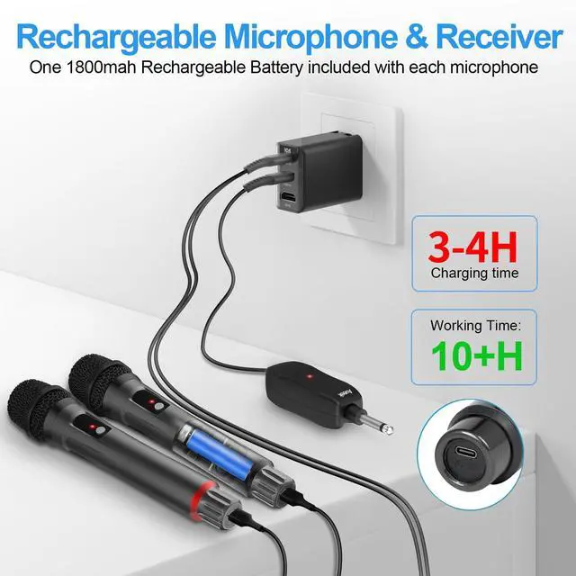 Alt view image 3 of 6 - Wireless Microphone for Karaoke, Professional Handheld Microphone for Singing with Rechargeable Receiver, Cordless Karaoke Mic for Speaker, Pa System, Dj, Party, Speech(2pcs)