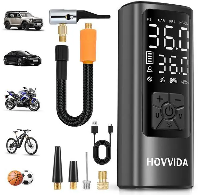 Main image of HOVVIDA Tire Inflator Portable Air Compressor, Air Pump for Car Tires 150PSI with Digital Pressure Gauge, Auto Shut-Off, 3X Faster Inflation, Cordless Bike Pump for Car, Motorcycle, Bike, Ball