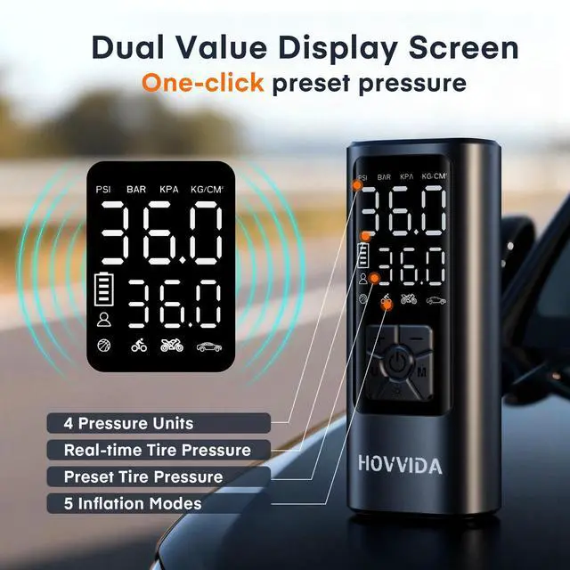 Alt view image 5 of 7 - HOVVIDA Tire Inflator Portable Air Compressor, Air Pump for Car Tires 150PSI with Digital Pressure Gauge, Auto Shut-Off, 3X Faster Inflation, Cordless Bike Pump for Car, Motorcycle, Bike, Ball