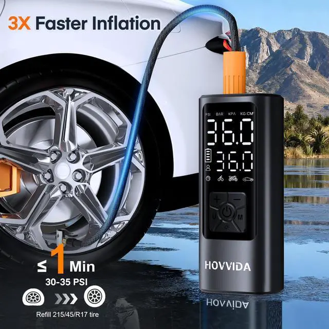 Alt view image 2 of 7 - HOVVIDA Tire Inflator Portable Air Compressor, Air Pump for Car Tires 150PSI with Digital Pressure Gauge, Auto Shut-Off, 3X Faster Inflation, Cordless Bike Pump for Car, Motorcycle, Bike, Ball