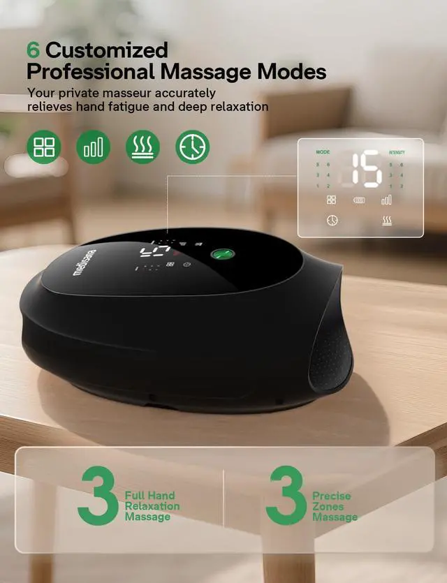 Alt view image 3 of 7 - Hand Massager for Arthritis and Carpal Tunnel, 6 Modes 6 Intensities Hand Massager with Heat and Compression, Large LCD Display Full Hand & Wrist Massager, Christmas Gifts for Men Women Dad Mom