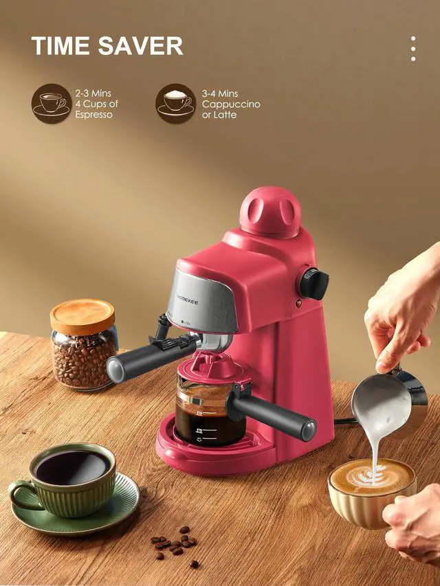 Alt view image 3 of 7 - Espresso Machine, 3.5Bar Espresso and Cappuccino Machine with Preheating Function, 4 Cup Coffee Maker with Milk Frothing Function and Steam Wand (Red), CM6810