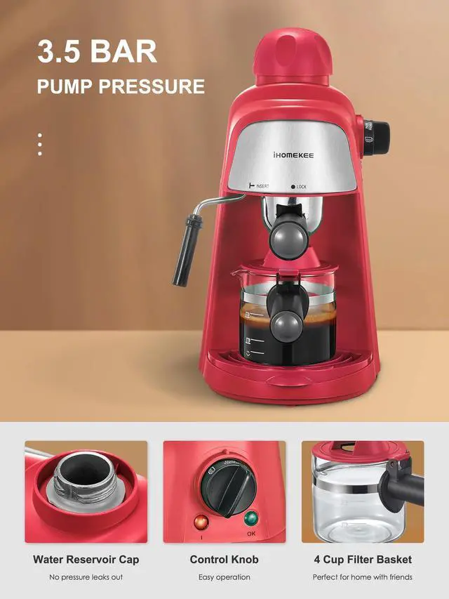 Alt view image 4 of 7 - Espresso Machine, 3.5Bar Espresso and Cappuccino Machine with Preheating Function, 4 Cup Coffee Maker with Milk Frothing Function and Steam Wand (Red), CM6810