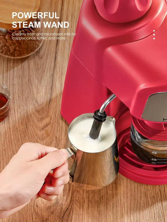 Alt view image 6 of 7 - Espresso Machine, 3.5Bar Espresso and Cappuccino Machine with Preheating Function, 4 Cup Coffee Maker with Milk Frothing Function and Steam Wand (Red), CM6810