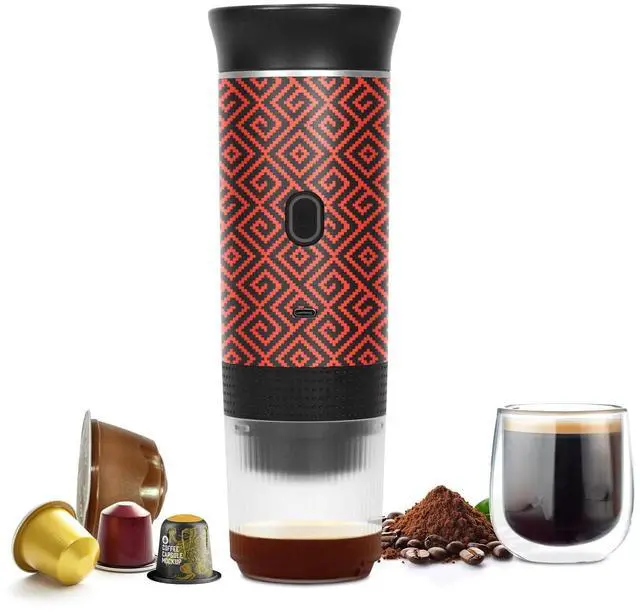 Coffee Maker Gift Set for Travel, Battery Powered Portable Electric Espresso Machine for Camping, Rechargeable Coffee Maker Self Heating with Ground Coffee & Capsule for RV, Hiking (Red mix Black)