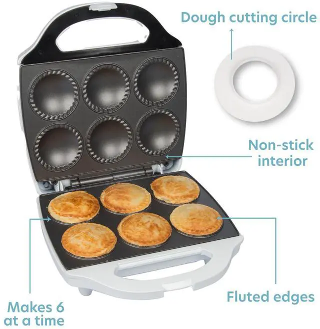 Alt view image 3 of 7 - Mini Pie & Quiche Maker- Electric Christmas Baker Cooks 6 Small Quiches or Pies in Minutes- Dough Cutting Circle Easy Measurement- Better than Tins, Pans- Baking or Dessert Gift - Holiday Must Have