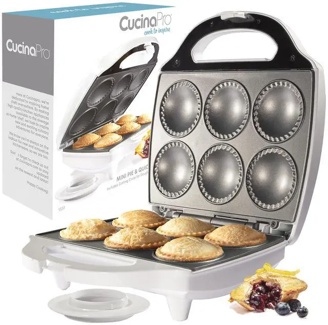 Main image of Mini Pie & Quiche Maker- Electric Christmas Baker Cooks 6 Small Quiches or Pies in Minutes- Dough Cutting Circle Easy Measurement- Better than Tins, Pans- Baking or Dessert Gift - Holiday Must Have