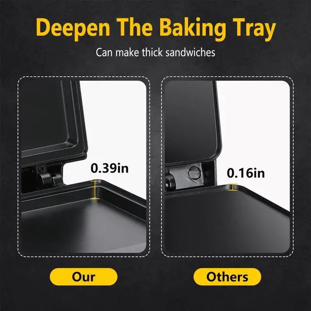 Alt view image 3 of 7 - Sandwich Maker with Non-stick Deep Grid Surface for Egg, Ham, Steaks Compact Electric Grill Tostadora de Pan Black, ETL Certificated, Roy